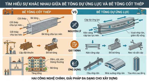 So sánh bê tông dự ứng lực và bê tông cốt thép thông thường chi tiết (2026)